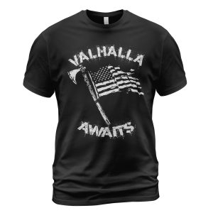 Viking T-shirt Valhalla Awaits Axe Flag Black