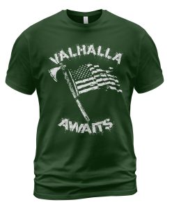 Viking T-shirt Valhalla Awaits Axe Flag Forest Green