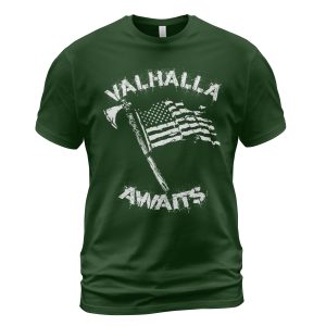 Viking T-shirt Valhalla Awaits Axe Flag Forest Green