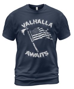 Viking T-shirt Valhalla Awaits Axe Flag Navy