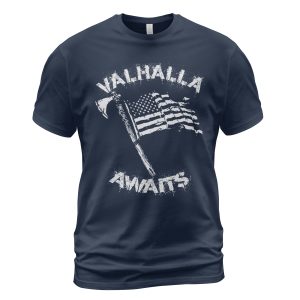 Viking T-shirt Valhalla Awaits Axe Flag Navy