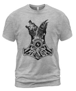 Viking T-shirt Raven Wolf Hammer Combination Ash