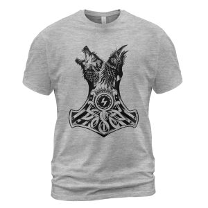 Viking T-shirt Raven Wolf Hammer Combination Ash