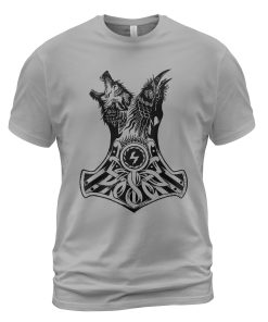 Viking T-shirt Raven Wolf Hammer Combination Heather Grey