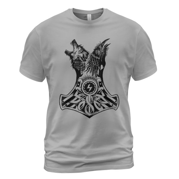 Viking T-shirt Raven Wolf Hammer Combination Heather Grey