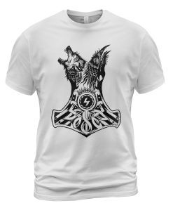 Viking T-shirt Raven Wolf Hammer Combination White