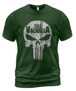 Viking T-shirt Till Valhalla Skull Flag Forest Green