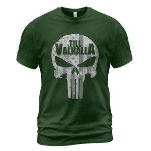 Viking T-shirt Till Valhalla Skull Flag Forest Green