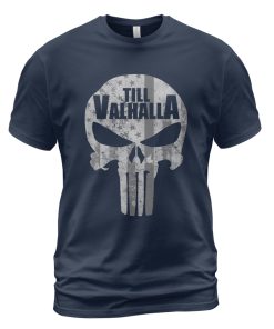 Viking T-shirt Till Valhalla Skull Flag Navy