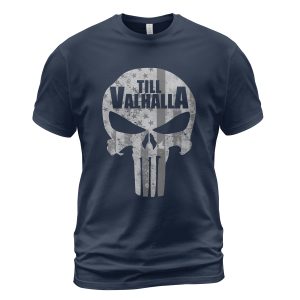 Viking T-shirt Till Valhalla Skull Flag Navy