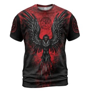 Viking T-shirt Flaming Raven Vegvisir Rune Front