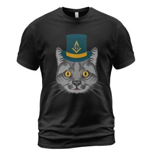 Freemason T-shirt Mason Cat Wears Top Hat With Symbol Black
