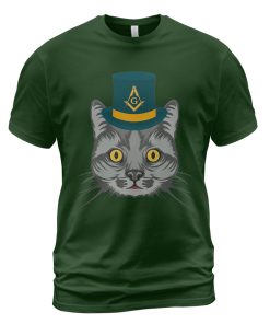 Freemason T-shirt Mason Cat Wears Top Hat With Symbol Forest Green