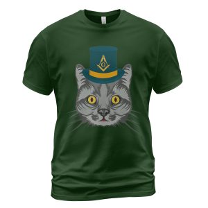 Freemason T-shirt Mason Cat Wears Top Hat With Symbol Forest Green