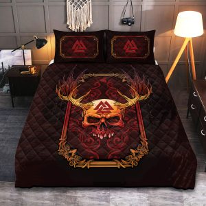 Viking Quilt Bedding Set Abstract Red Skull Valknut 1