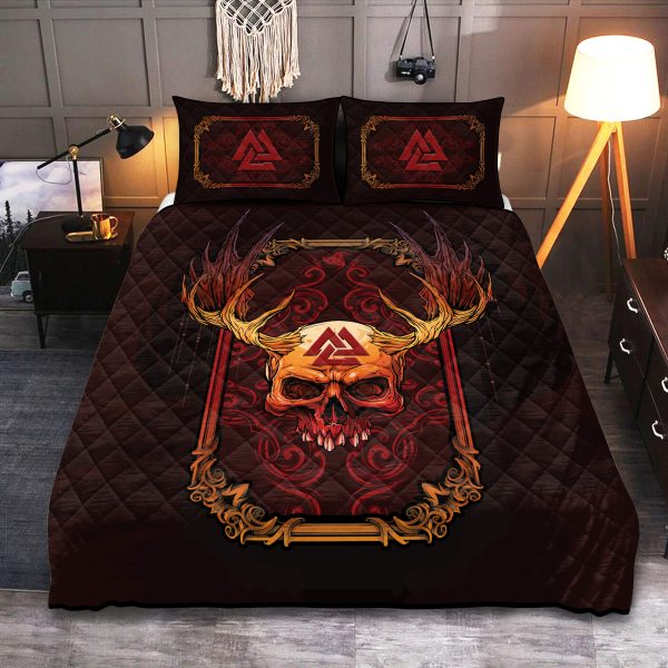 Viking Quilt Bedding Set Abstract Red Skull Valknut 1