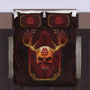 Viking Quilt Bedding Set Abstract Red Skull Valknut 4