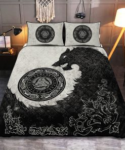 Viking Quilt Bedding Set Black Wolf With Triple Horn 1