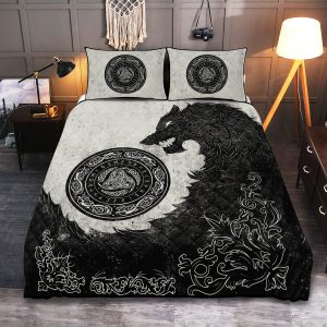 Viking Quilt Bedding Set Black Wolf With Triple Horn 1