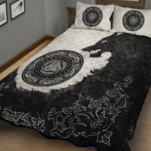 Viking Quilt Bedding Set Black Wolf With Triple Horn 2