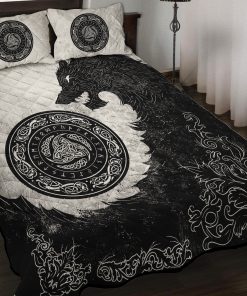 Viking Quilt Bedding Set Black Wolf With Triple Horn 3