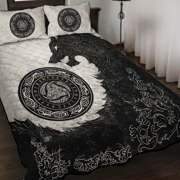 Viking Quilt Bedding Set Black Wolf With Triple Horn 3