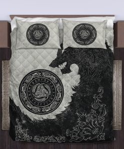 Viking Quilt Bedding Set Black Wolf With Triple Horn 4