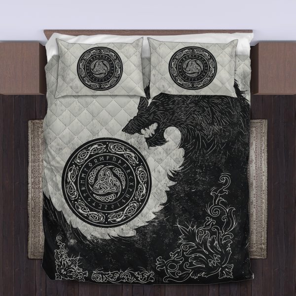 Viking Quilt Bedding Set Black Wolf With Triple Horn 4