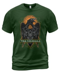 Viking T-shirt Skull Raven Valknut Till Valhalla Forest Green