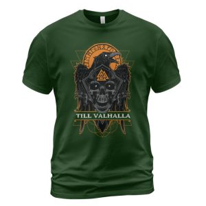 Viking T-shirt Skull Raven Valknut Till Valhalla Forest Green