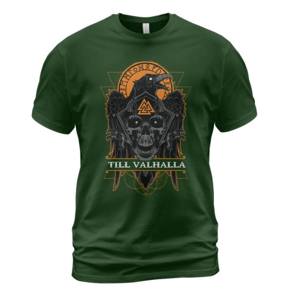 Viking T-shirt Skull Raven Valknut Till Valhalla Forest Green