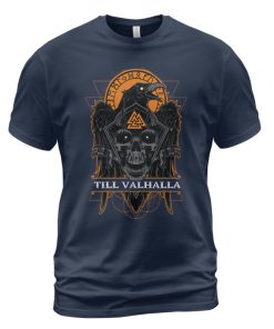 Viking T-shirt Skull Raven Valknut Till Valhalla Navy