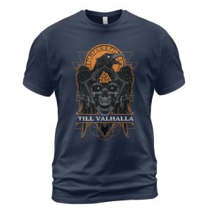 Viking T-shirt Skull Raven Valknut Till Valhalla Navy