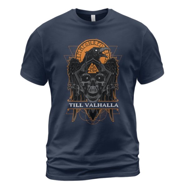 Viking T-shirt Skull Raven Valknut Till Valhalla Navy
