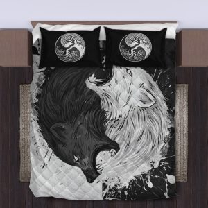 Viking Quilt Bedding Set Splatter Painting Yinyang Skoll and Hati
