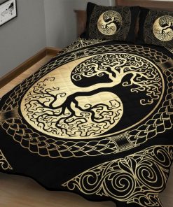 Viking Quilt Bedding Set Yin Yang Yggdrasil Tree Of Life Gold