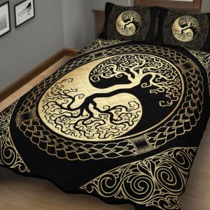Viking Quilt Bedding Set Yin Yang Yggdrasil Tree Of Life Gold