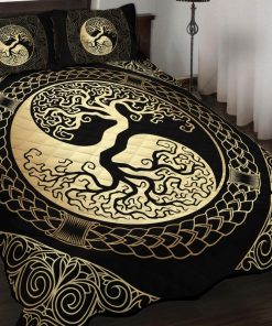 Viking Quilt Bedding Set Yin Yang Yggdrasil Tree Of Life Gold