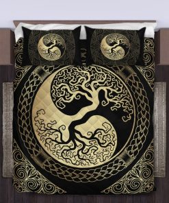 Viking Quilt Bedding Set Yin Yang Yggdrasil Tree Of Life Gold