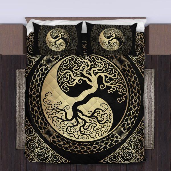 Viking Quilt Bedding Set Yin Yang Yggdrasil Tree Of Life Gold