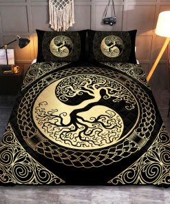 Viking Quilt Bedding Set Yin Yang Yggdrasil Tree Of Life Gold