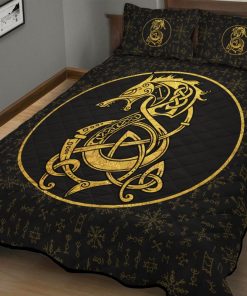 Viking Quilt Bedding Set Fenrir Inside The Circle And Rune Gold