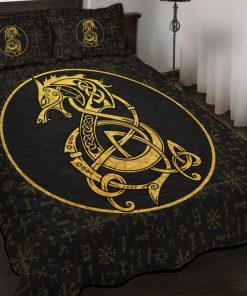 Viking Quilt Bedding Set Fenrir Inside The Circle And Rune Gold