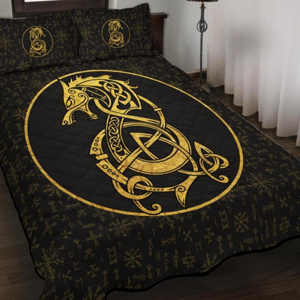 Viking Quilt Bedding Set Fenrir Inside The Circle And Rune Gold