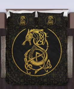 Viking Quilt Bedding Set Fenrir Inside The Circle And Rune Gold