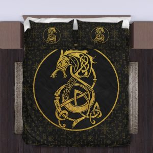 Viking Quilt Bedding Set Fenrir Inside The Circle And Rune Gold