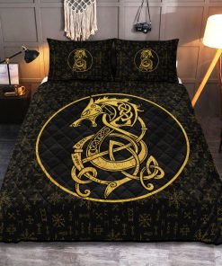 Viking Quilt Bedding Set Fenrir Inside The Circle And Rune Gold