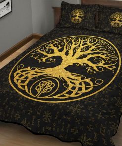 Viking Quilt Bedding Set Yggdrasil Inside The Circle And Rune Gold