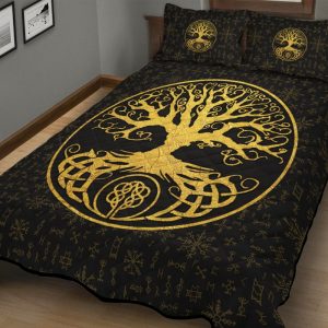 Viking Quilt Bedding Set Yggdrasil Inside The Circle And Rune Gold