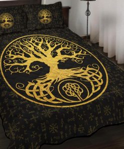 Viking Quilt Bedding Set Yggdrasil Inside The Circle And Rune Gold